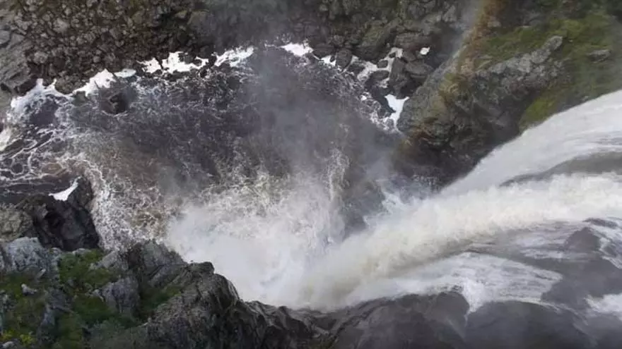 Pozo de los Humos Waterfall, seeming to emerge from a magical leap in the Uces River canyon, south of Salamanca province